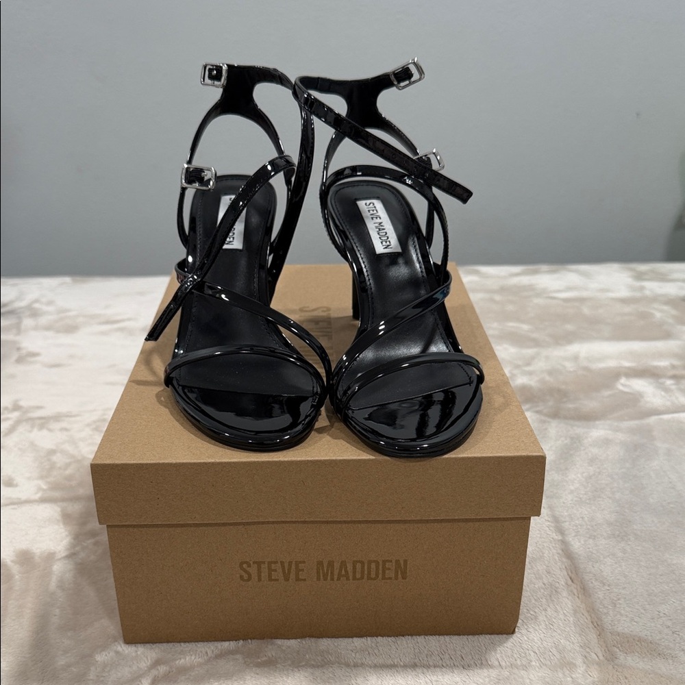Steve Madden Glossy Black Strappy Heels
